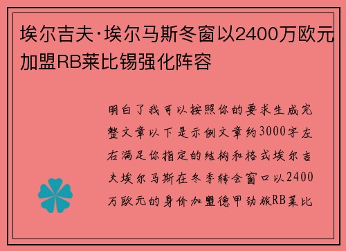 埃尔吉夫·埃尔马斯冬窗以2400万欧元加盟RB莱比锡强化阵容 埃尔吉夫·埃尔马斯冬窗以2400万欧元加盟RB莱比锡强化阵容