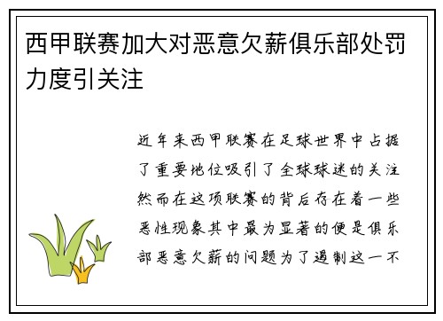 西甲联赛加大对恶意欠薪俱乐部处罚力度引关注 西甲联赛加大对恶意欠薪俱乐部处罚力度引关注